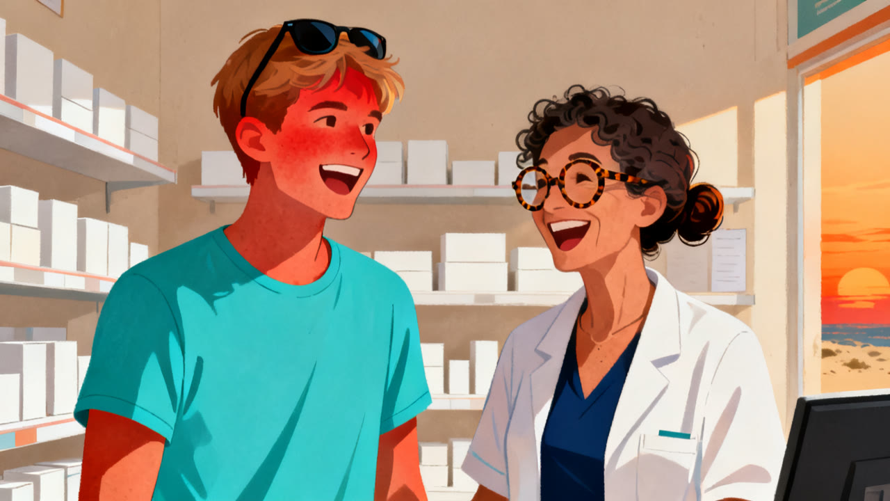 At a Pharmacy on Holiday: Sunburn and a Sore Throat
